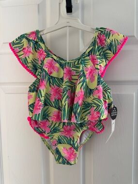 Nicole Miller Lime & Hot Pink Hibiscus Ruffle 2-Piece Swimsuit - girls size 7/8